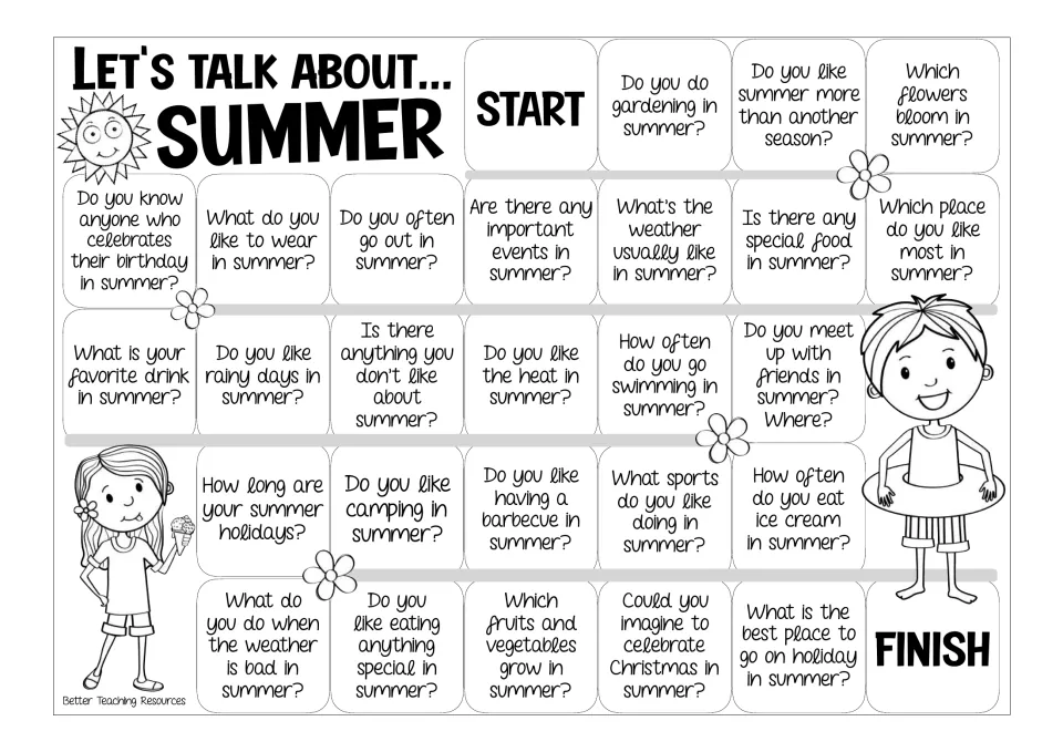 Black-and-white summer speaking board: players answer questions on swimming, ice cream, sports and camping