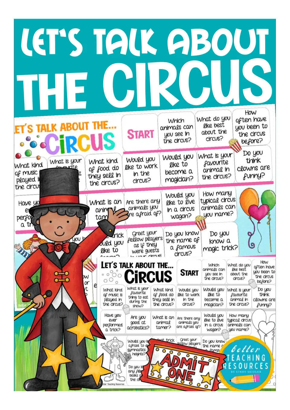 Cover of Let's Talk About the Circus Board Game, showing samples of the color and black-and-white boards