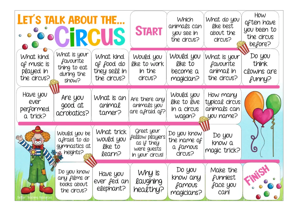 Color circus game board with 26 prompts about animals, clowns, food, acrobatics, magic tricks, and more
