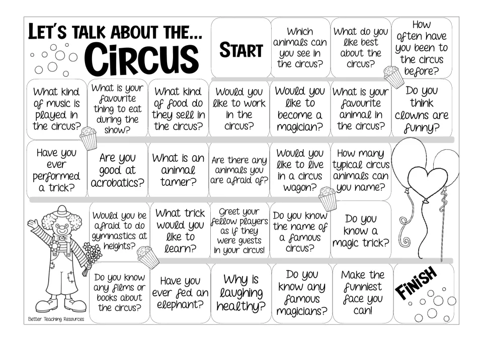 Black-and-white circus game board repeating the 26 prompts about circus visits, performers, and animals