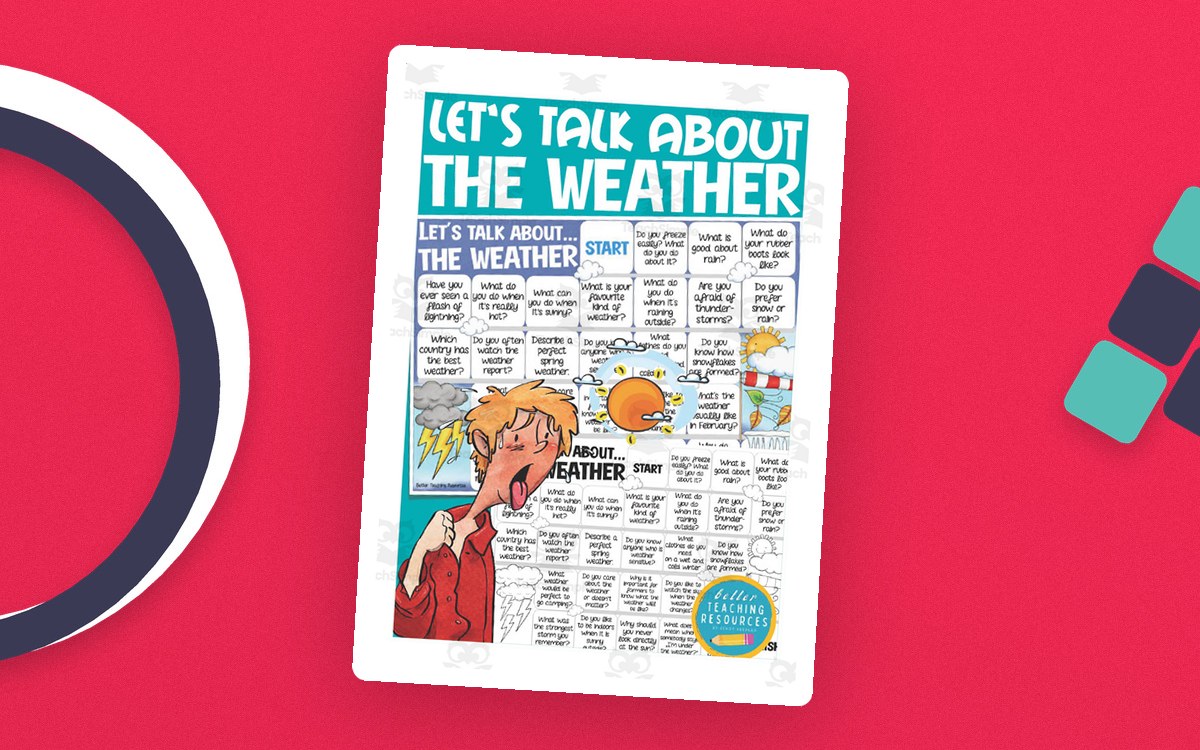 Let’s Talk About the Weather board game with a winding path of conversation prompts and weather illustrations.