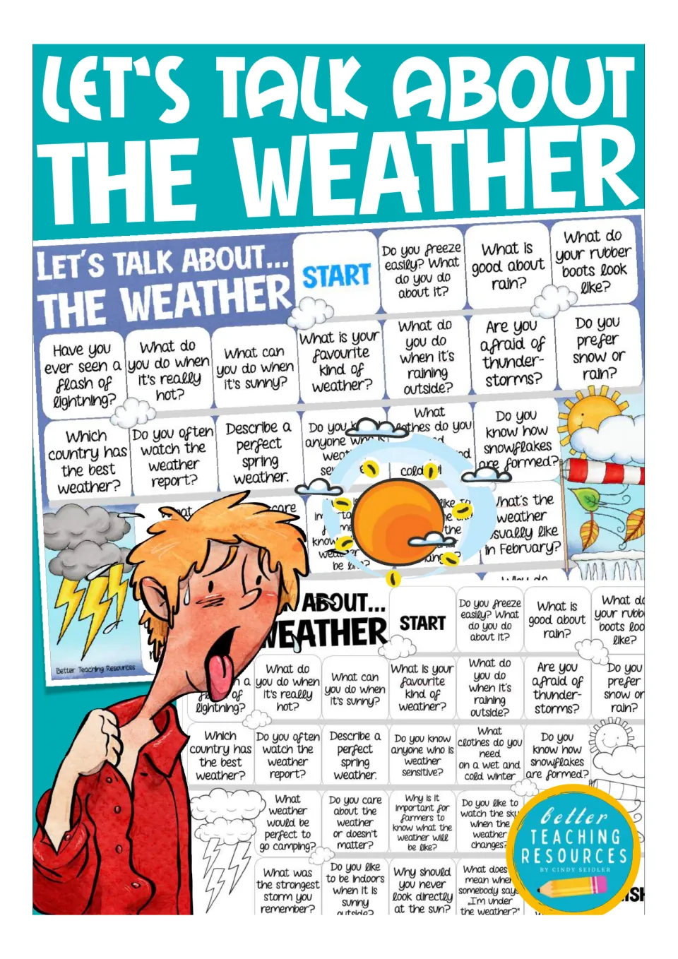 Weather speaking game cover: shows a full-color board plus a black-and-white copy with the same question path