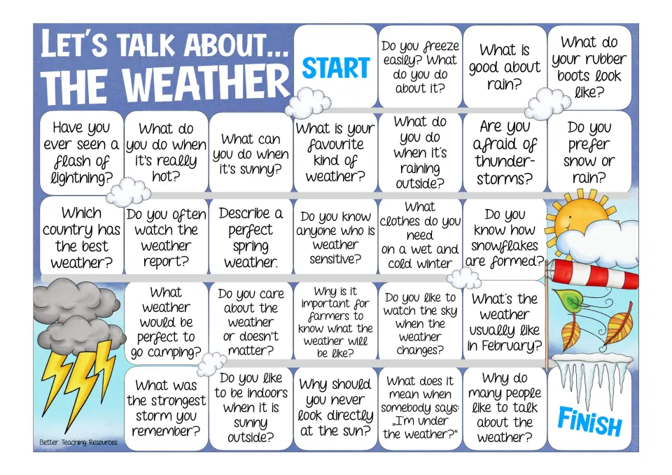 Weather conversation game in color: students move from Start to Finish answering questions like what is good about rain