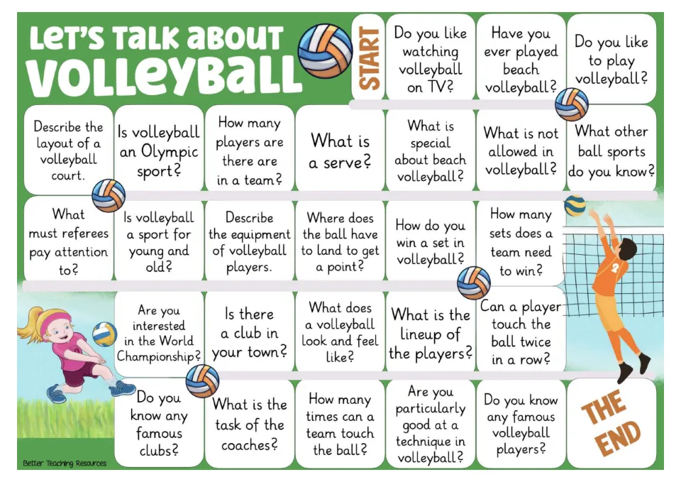 Color game board with 26 volleyball questions about serves, team size, scoring, equipment, and players.