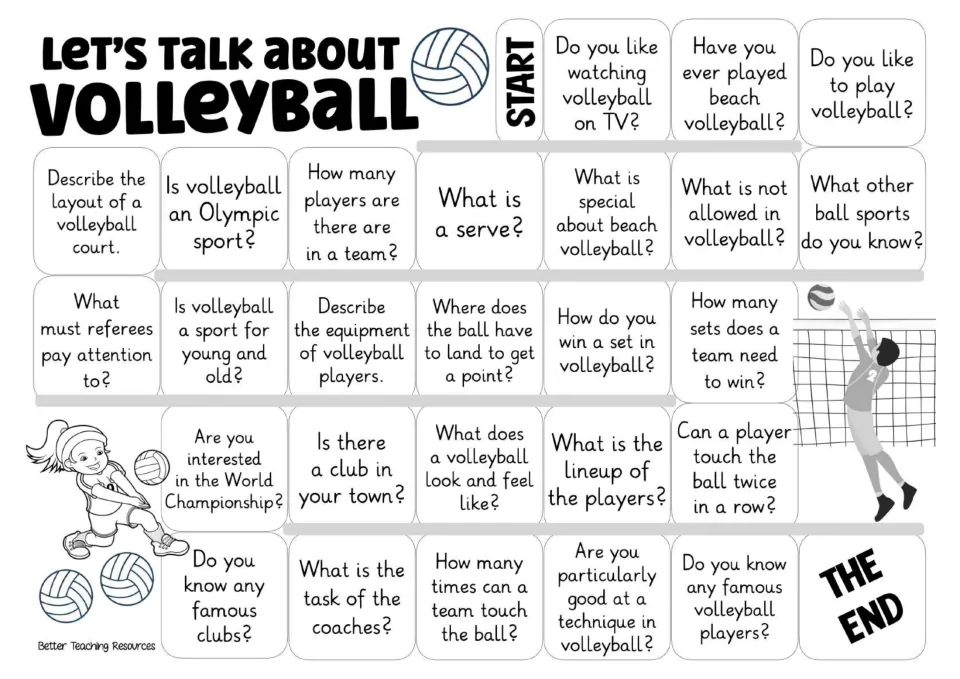 Black-and-white version of the 26-question volleyball board, including beach volleyball and team rules.