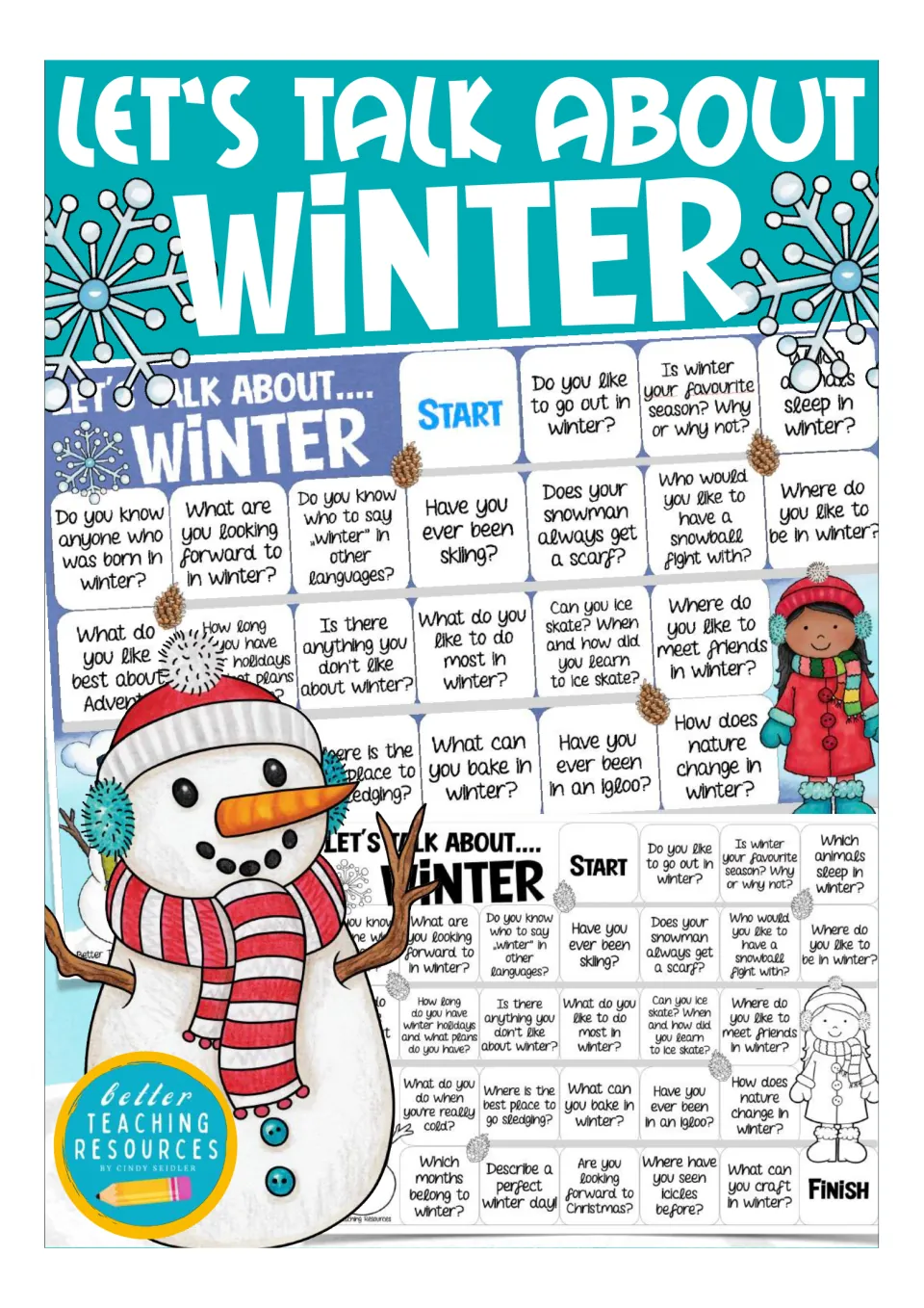 Cover of Let's Talk About Winter: color and black-and-white question boards shown with a snowman in a red scarf