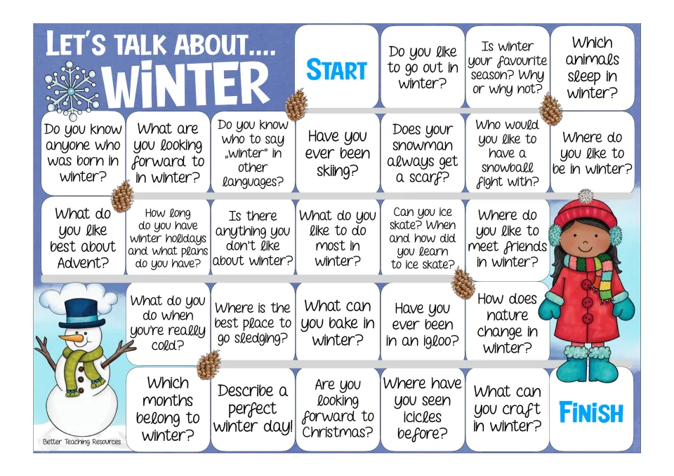 Color winter speaking board: players move from Start to Finish answering questions on skiing, igloos and winter baking