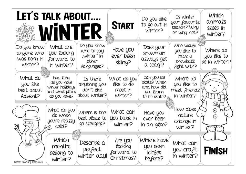 Black-and-white winter question board from Start to Finish, with prompts on sledging, icicles, Advent and snowball fights