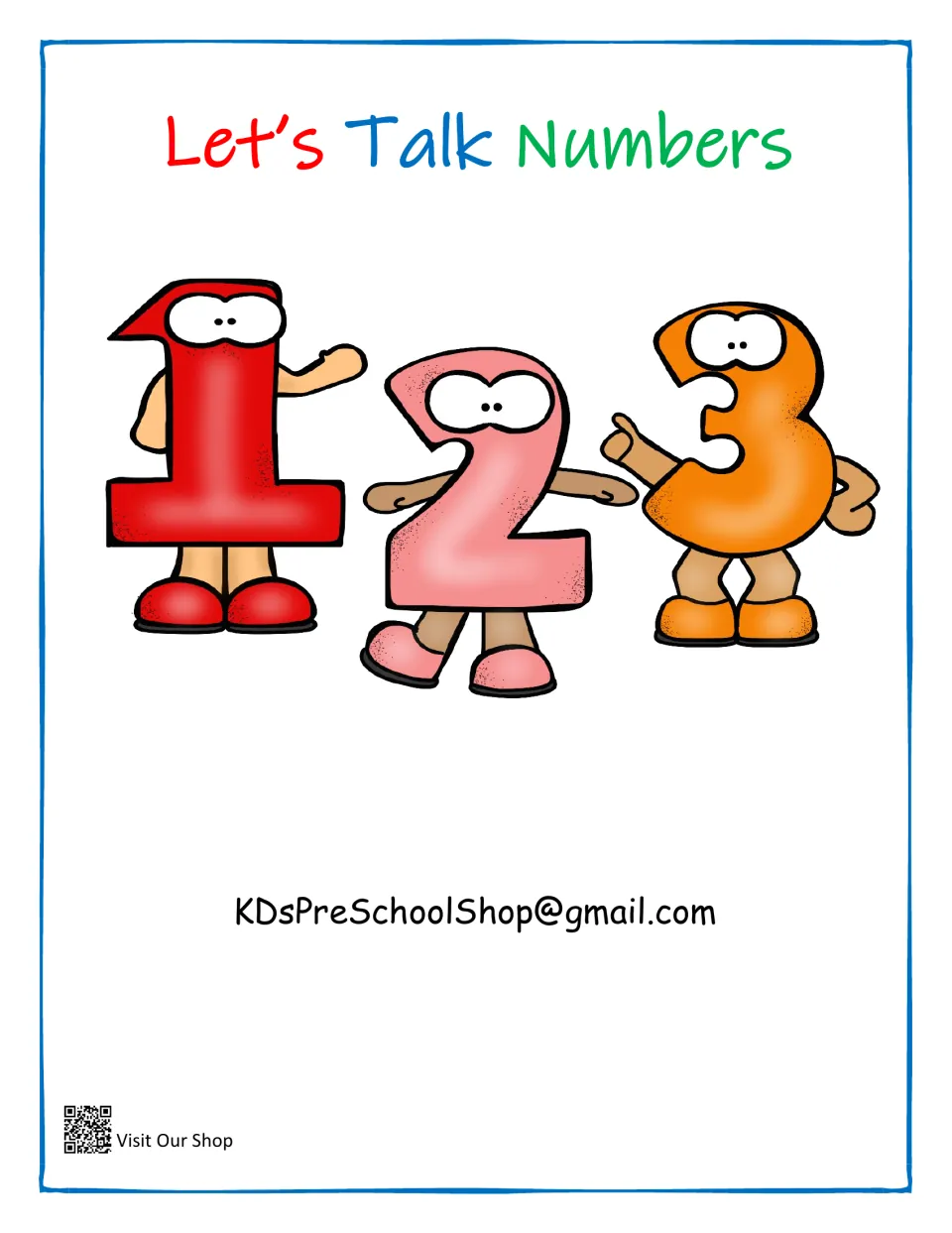 Let's Talk Numbers cover: cartoon numbers 1, 2 and 3 with faces, arms and legs, above the KDsPreSchoolShop email address