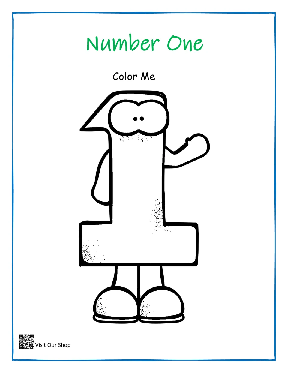 Number One coloring page: students color a large cartoon number 1 character with big eyes, a waving arm and shoes