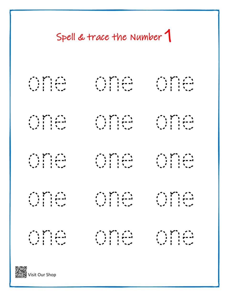 Number word practice: students trace the dotted word 'one' 15 times to spell and write the number name for 1