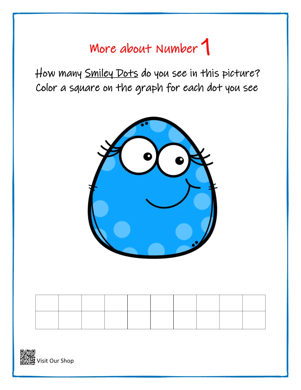 Counting to 1: students count the Smiley Dots creatures in the picture and color one square on the graph for each one