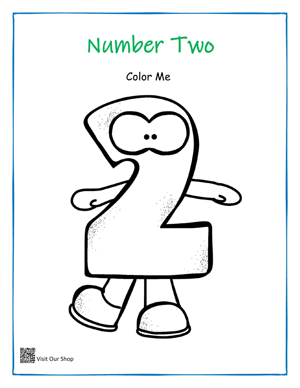 Number Two coloring page: students color a big cartoon number 2 character with wide eyes, outstretched arms and shoes