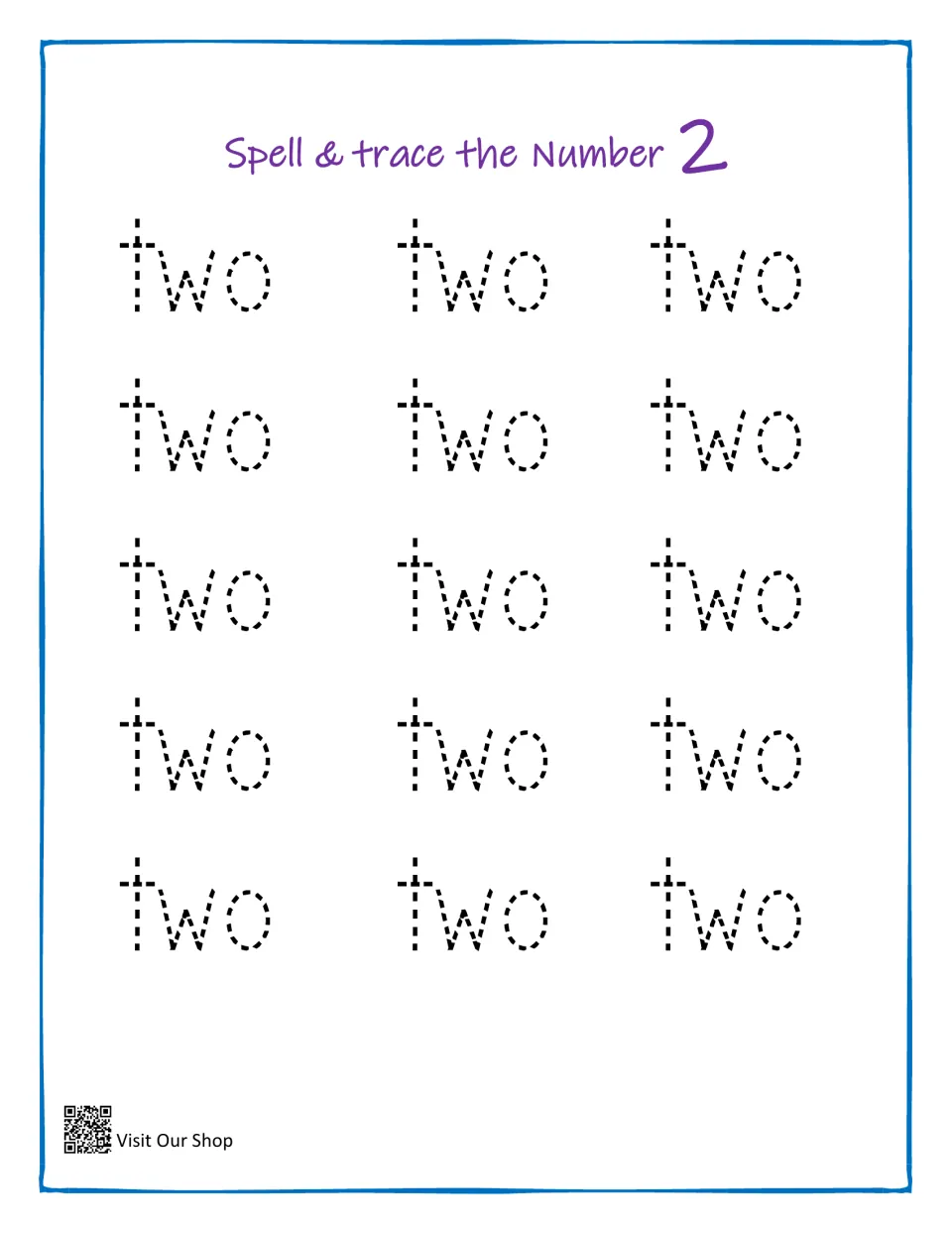 Number word practice: students trace the dotted word 'two' 15 times to spell and write the number name for 2