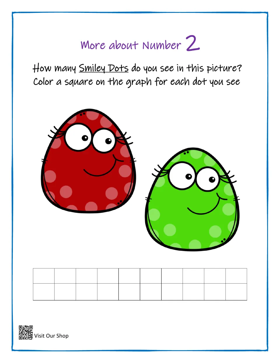 Counting to 2: students count a red and a green Smiley Dots creature and color one square on the graph for each they see