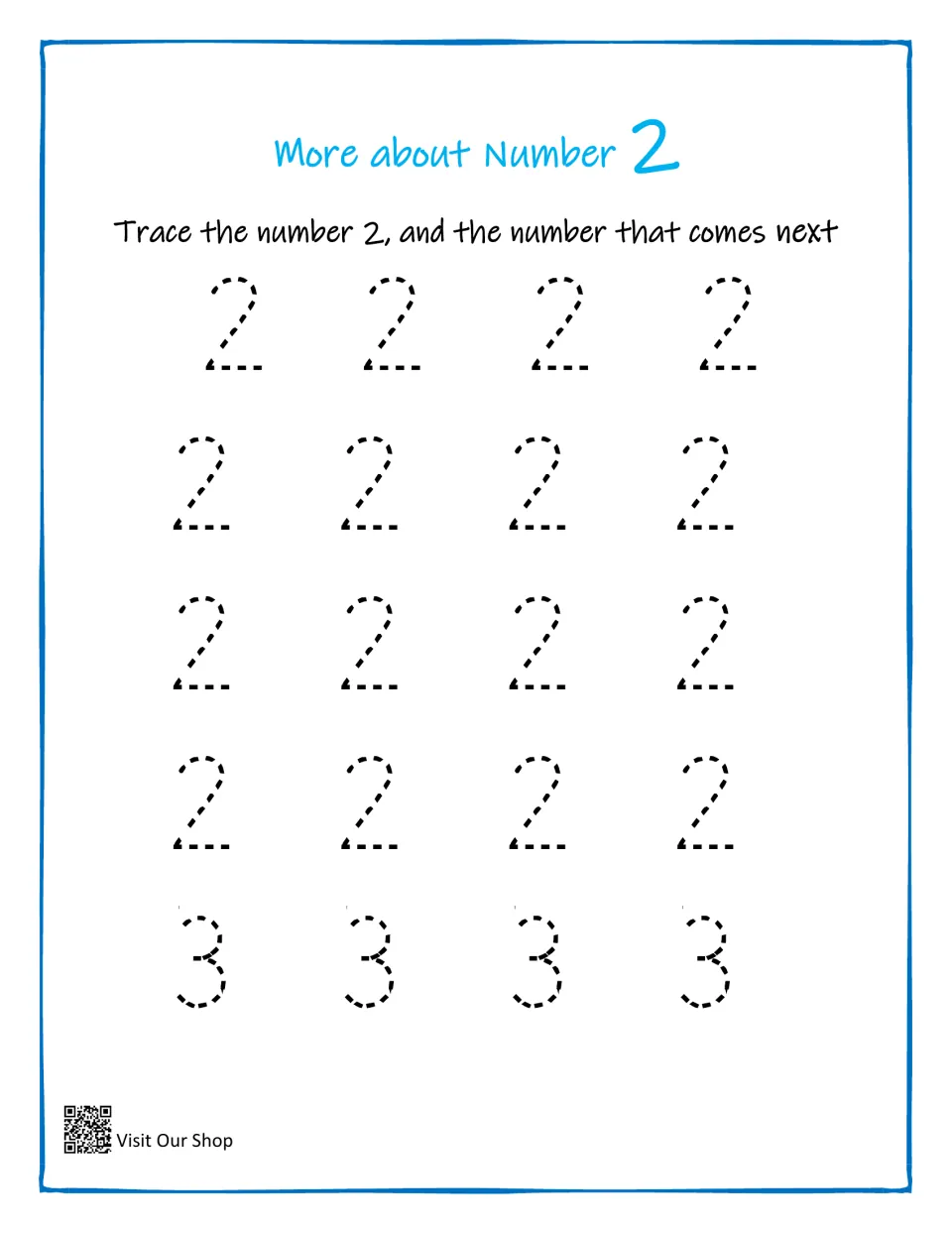 Numeral writing for 2: students trace four rows of dotted 2s, then a row of dotted 3s to show the number that comes next