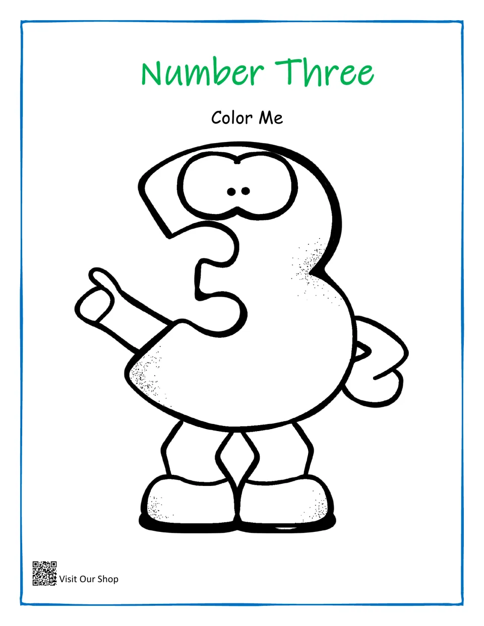 Number Three coloring page: students color a cartoon number 3 character with eyes, one hand pointing and one on its hip