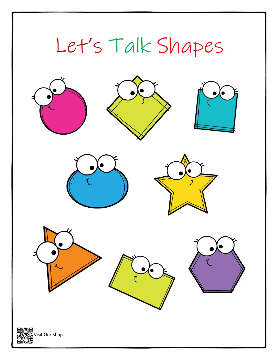 Cover of Let's Talk Shapes showing a circle, diamond, square, oval, star, triangle, rectangle, and hexagon