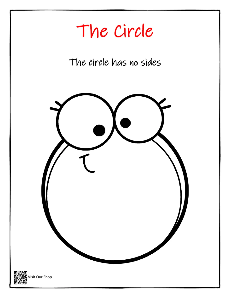 Circle introduction in the shape workbook, stating 'The circle has no sides' above a large circle to color