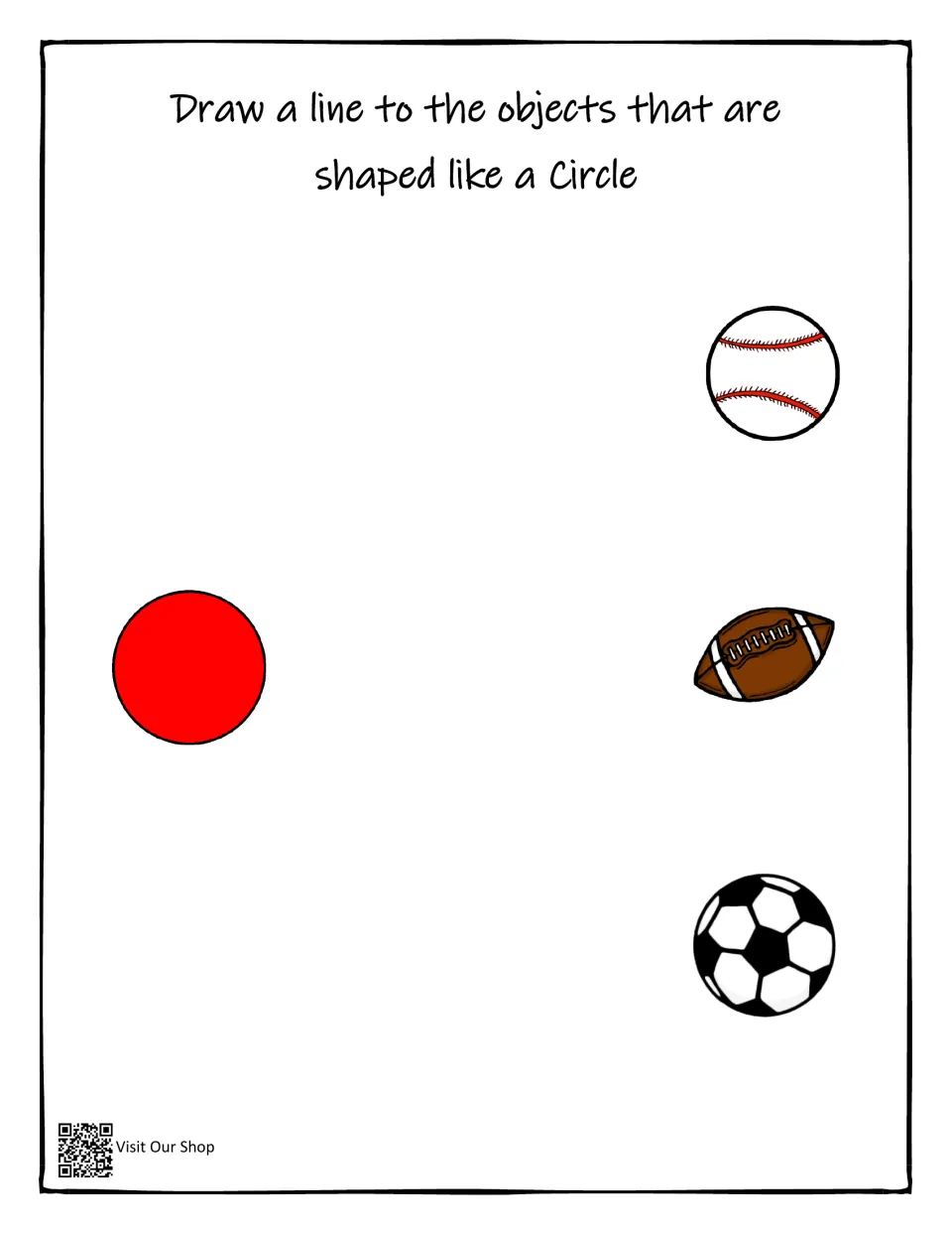 Circle matching activity asking students to connect a circle to matching objects among three sports balls