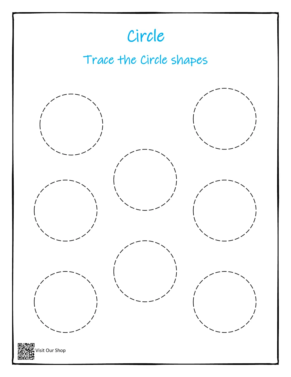 Circle tracing practice in the shape workbook, featuring eight dotted circles and 'Trace the Circle shapes'