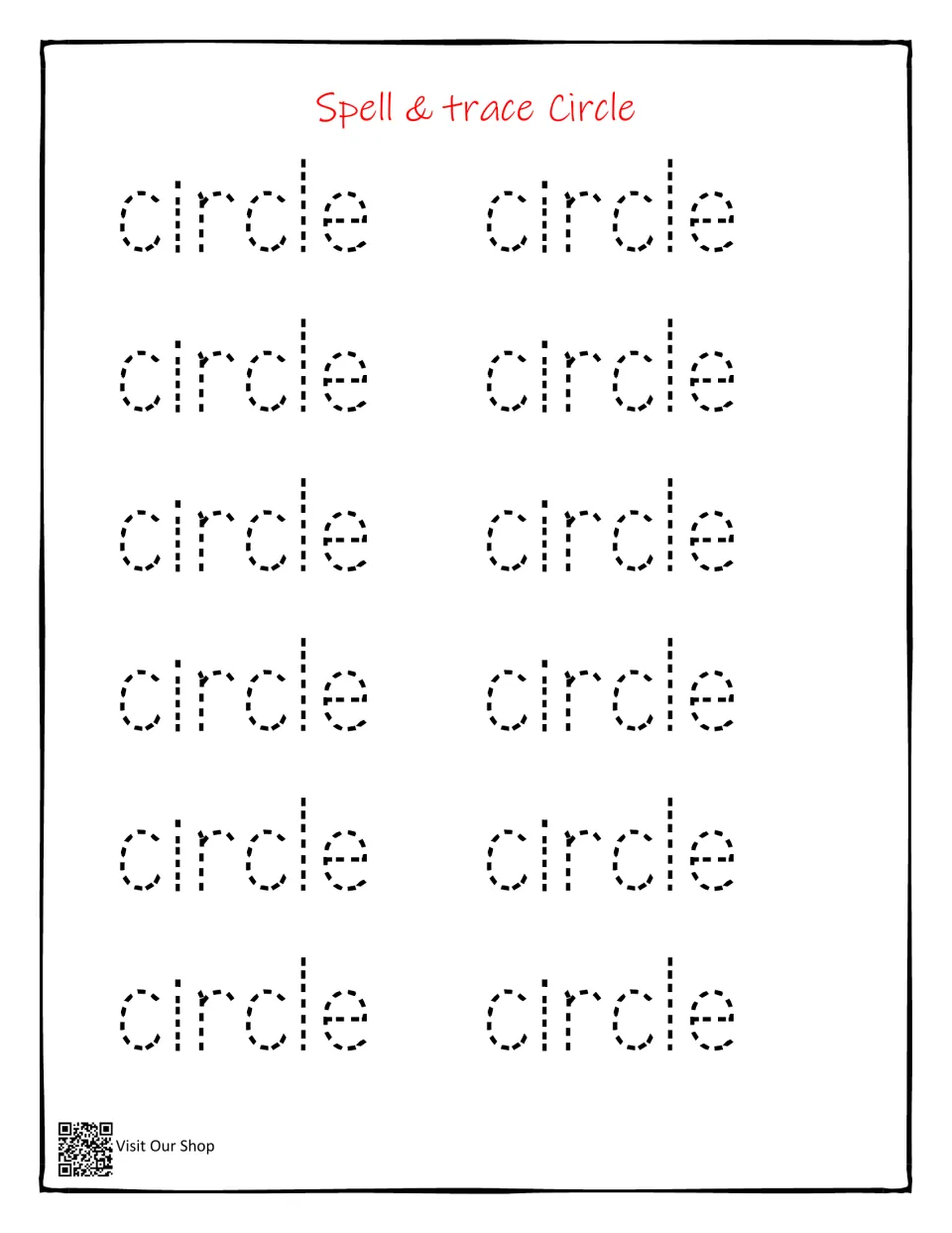 Circle word-tracing practice in the shape workbook, with 'Spell & trace Circle' and 12 copies of 'circle'