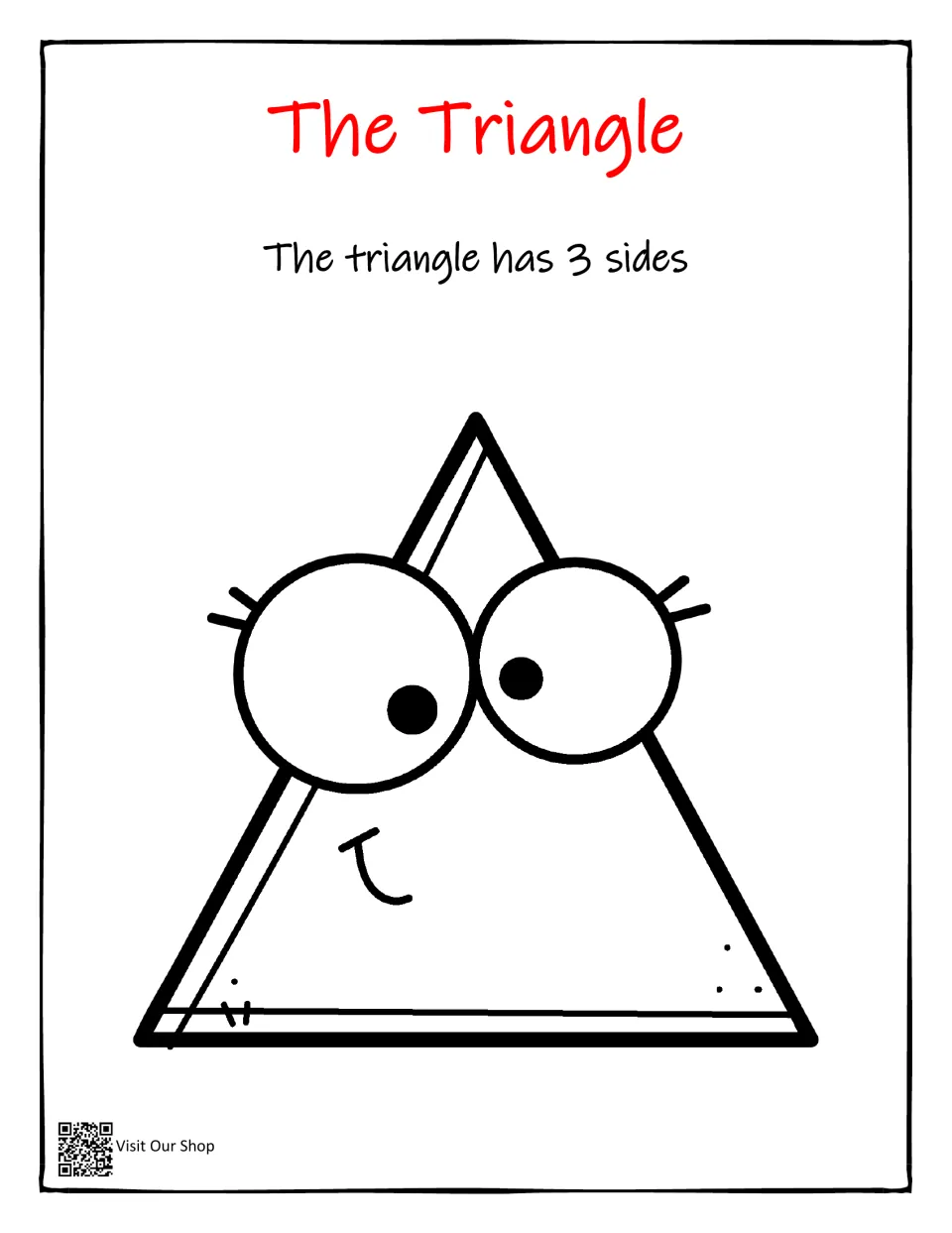 Triangle introduction in the shape workbook, stating 'The triangle has 3 sides' above a triangle to color