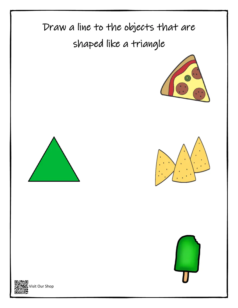 Triangle matching activity asking students to identify triangular objects among pizza, chips, and an ice pop
