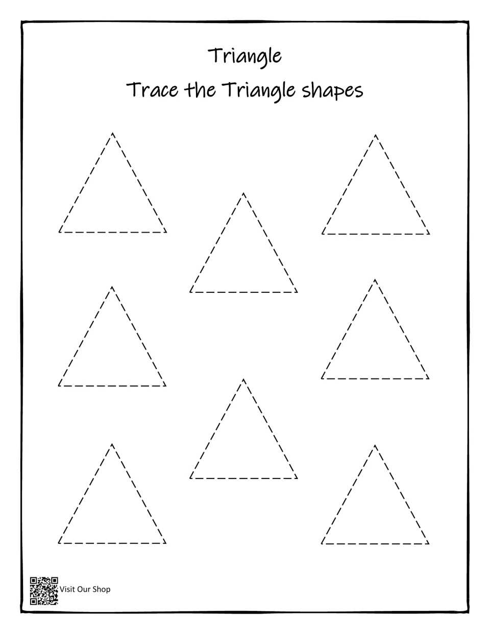 Triangle tracing practice in the shape workbook, featuring eight triangles under 'Trace the Triangle shapes'