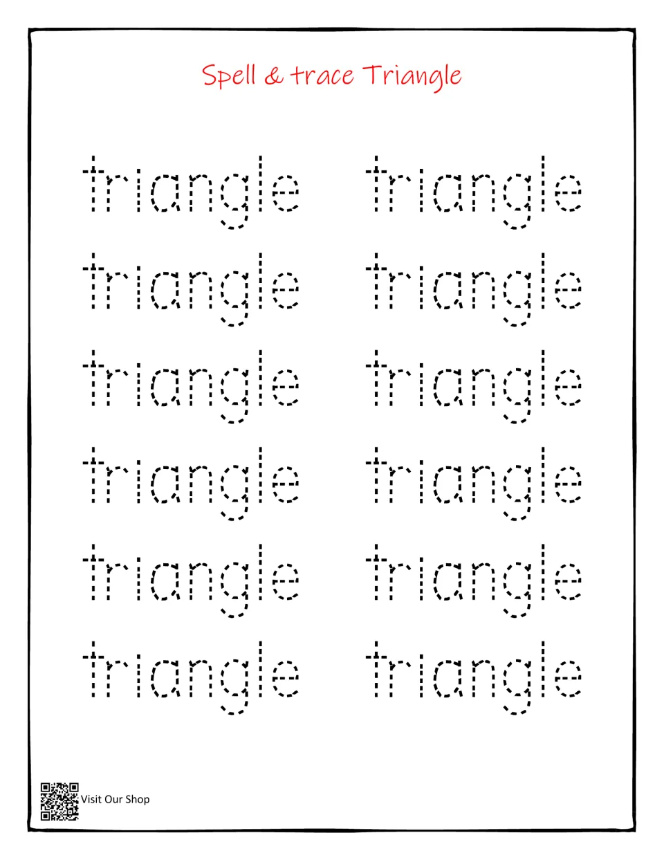 Triangle word-tracing practice with 'Spell & trace Triangle' and 12 dotted copies of the word 'triangle'