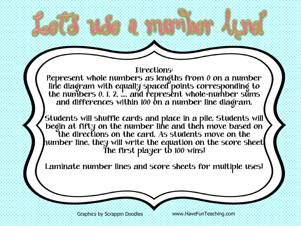 Number line game directions: players draw cards, start at 50, move and write equation on a score sheet; first to 100 wins