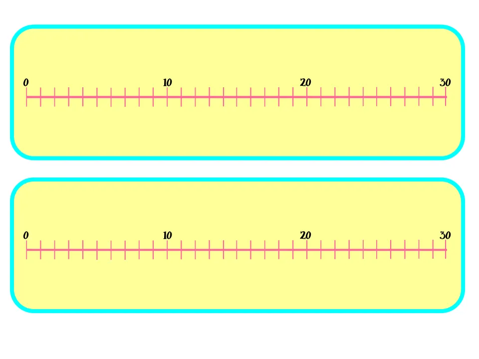 Number line cut-out pieces for 0 to 30, marked in ones with 10 and 20 labeled, printed twice
