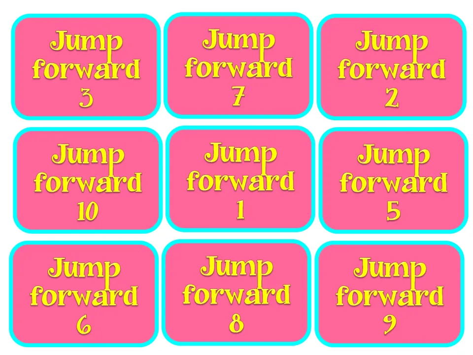 Addition move cards, set 1: nine cards reading Jump forward 1, 2, 3, 5, 6, 7, 8, 9 and 10 to add on the number line