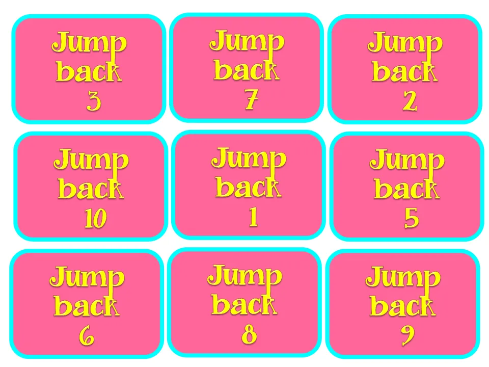Subtraction move cards: nine cards reading Jump back 1, 2, 3, 5, 6, 7, 8, 9 and 10 to count back along the number line