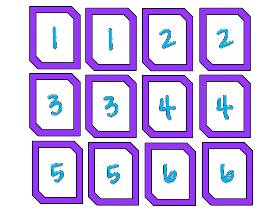 Number cards 1 to 6, two of each, for the mental math games where students make 20 or find differences between two cards