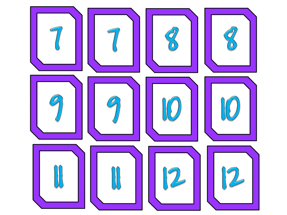 Number cards 7 to 12, two of each, used to practise making 20 and subtracting the smaller card from the larger one