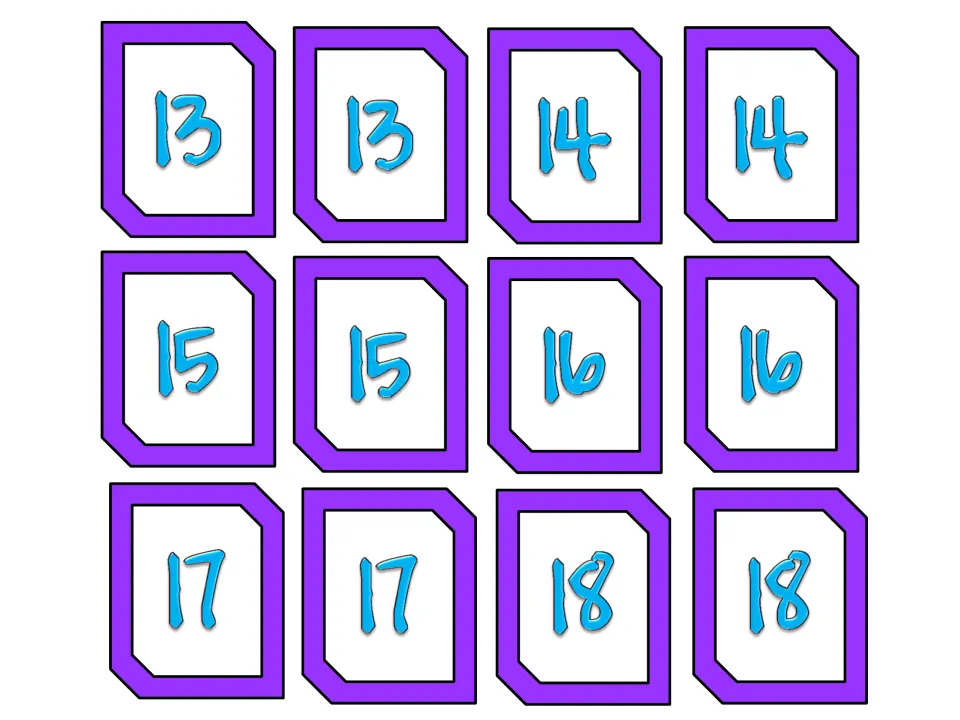 Number cards 13 to 18, two of each, for teen-number facts in the add-to-20 and subtraction partner card games