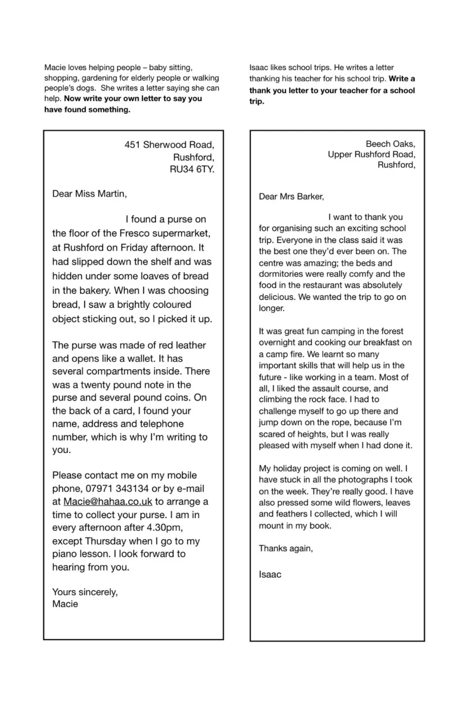 Two model letters: Macie reports finding a purse, Isaac thanks Mrs Barker for a school trip; students write similar letters