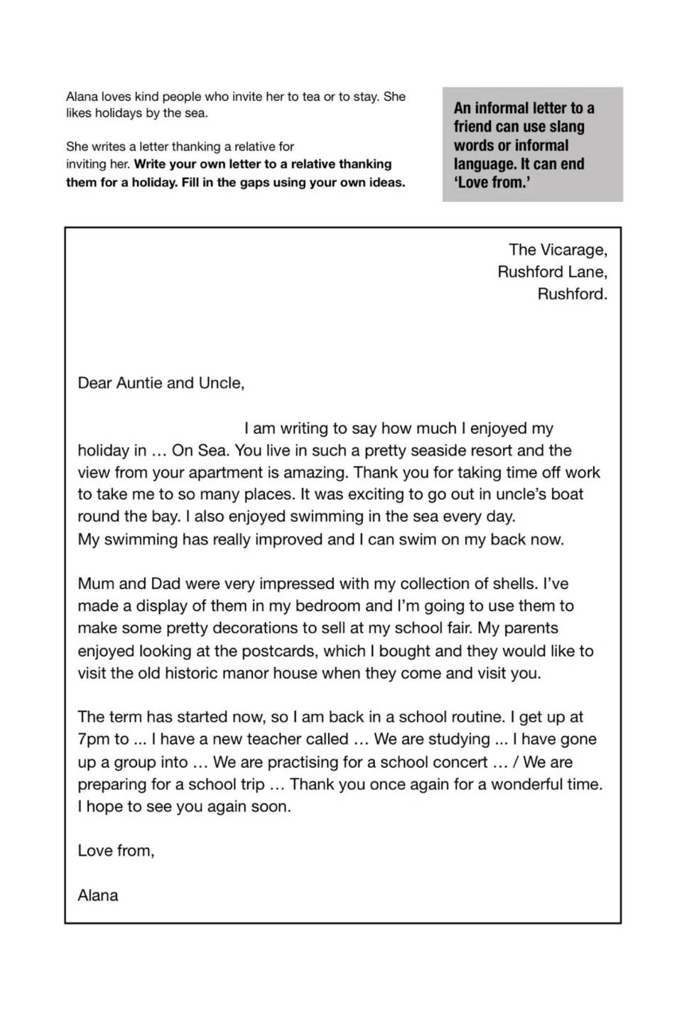 Holiday thank-you letter: Alana thanks Auntie and Uncle for a seaside stay; students fill gaps and note informal sign-offs