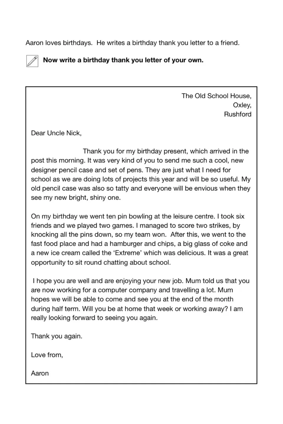 Birthday thank-you letter: Aaron thanks Uncle Nick for a pencil case and pens; students then write their own