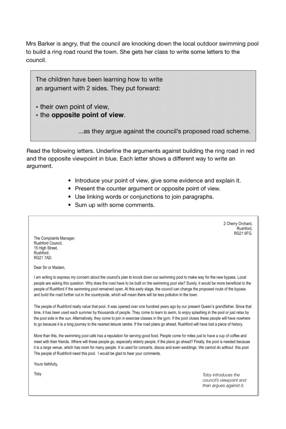 Argument letters: students read Toby's letter on the pool closure, underlining arguments in red and the other view in blue