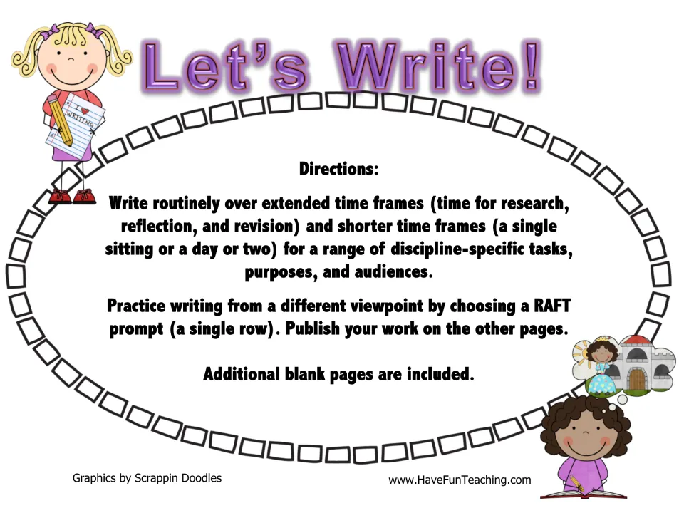 RAFT writing directions: choose one prompt to practice a different viewpoint, then publish on the other pages.