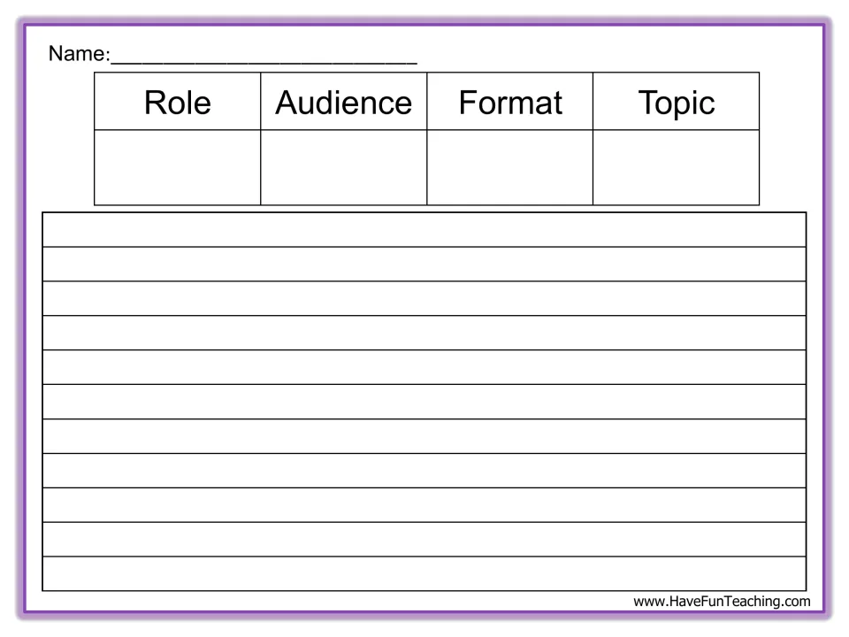 RAFT writing response sheet includes a name field, role, audience, format, and topic, plus space to write.