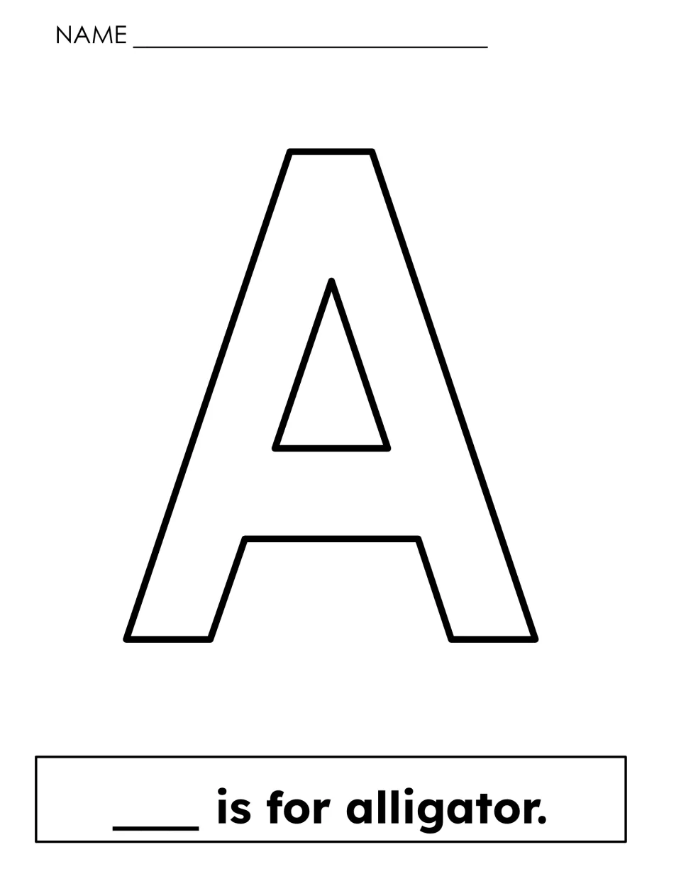 Letter A alligator page: students color an outline capital A and write A to finish the sentence "is for alligator"