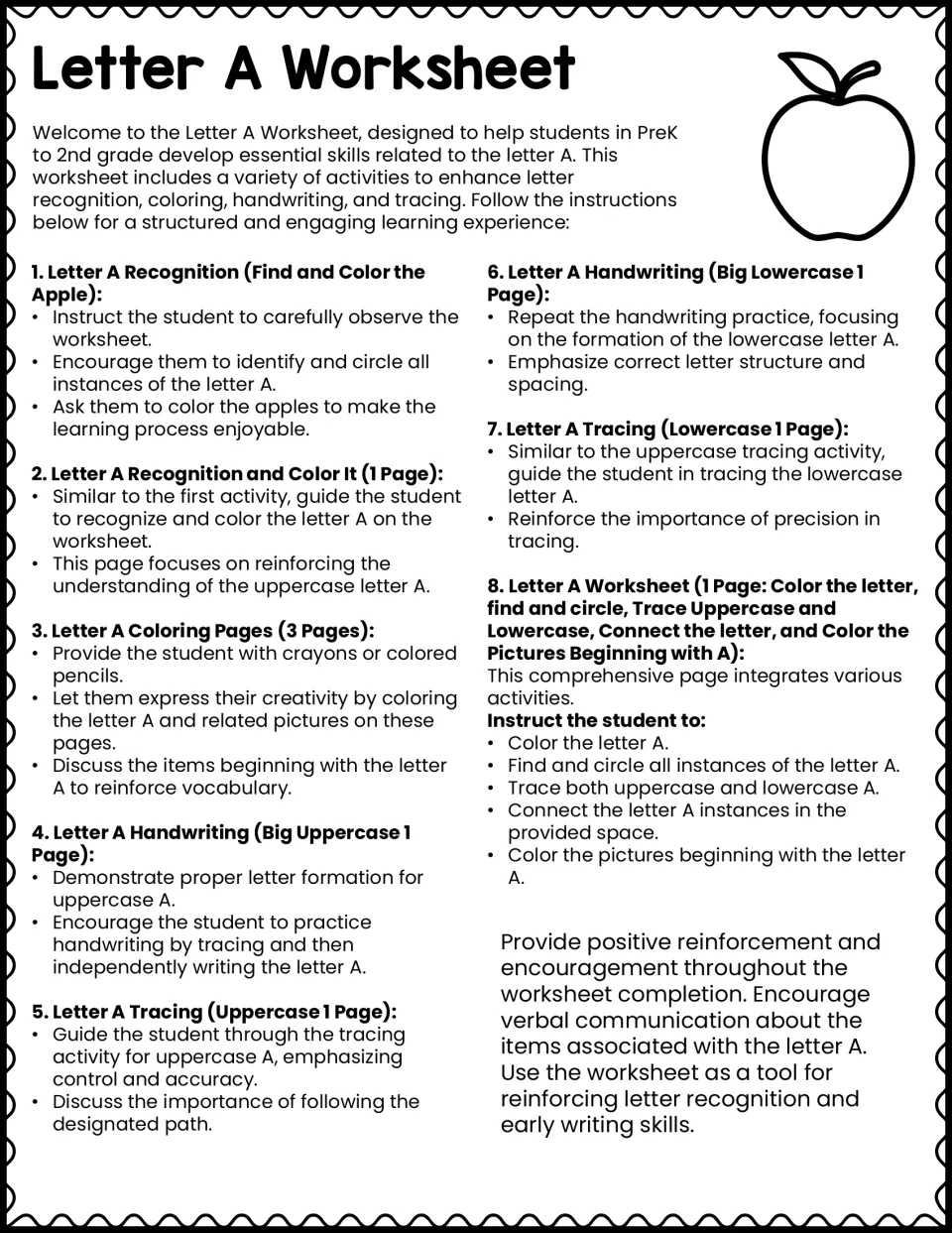 Letter A Worksheet teacher guide: directions for eight recognition, coloring, handwriting and tracing activities