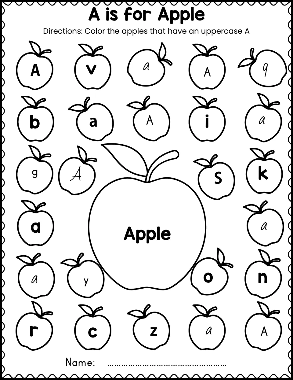 A is for Apple: students color only apples showing uppercase A, skipping apples with lowercase a or other letters