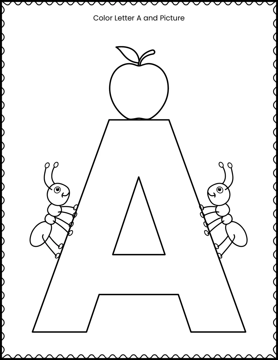 Large uppercase A coloring page with an apple on top and two smiling ants climbing its sides for students to color