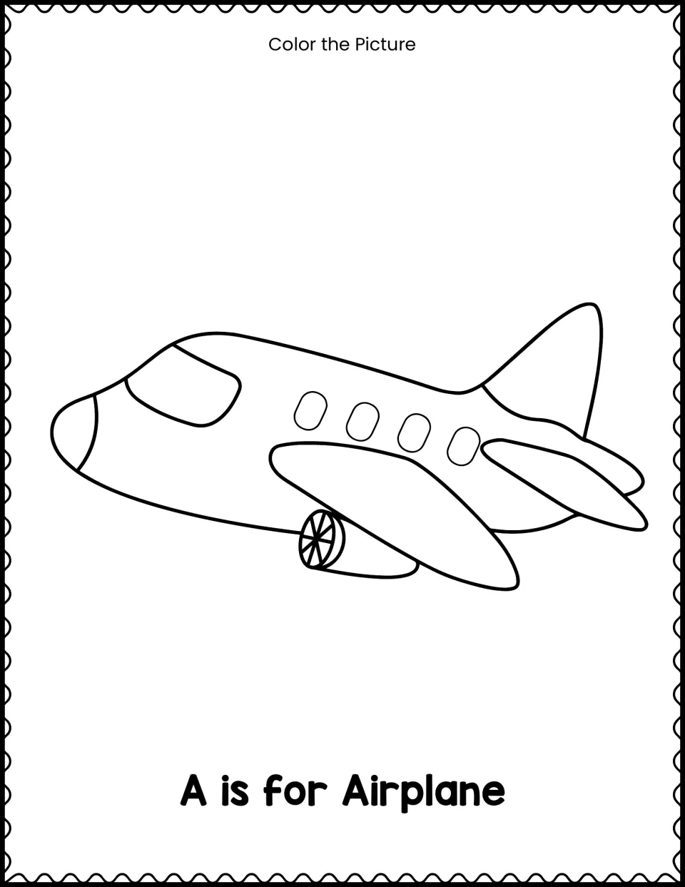 A is for Airplane: students color a cartoon passenger airplane to connect the letter A with its beginning sound