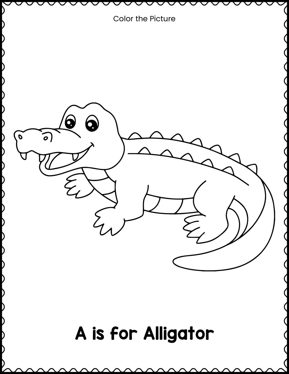 A is for Alligator: students color a smiling cartoon alligator while linking the picture to the letter A