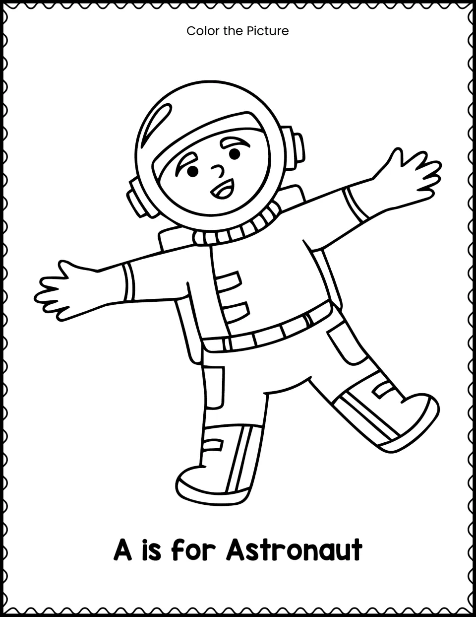 A is for Astronaut: students color a cheerful astronaut in a space suit and helmet to practise the A beginning sound